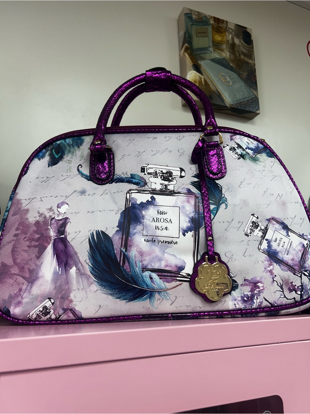 Purple Feather Print Dome Satchel -